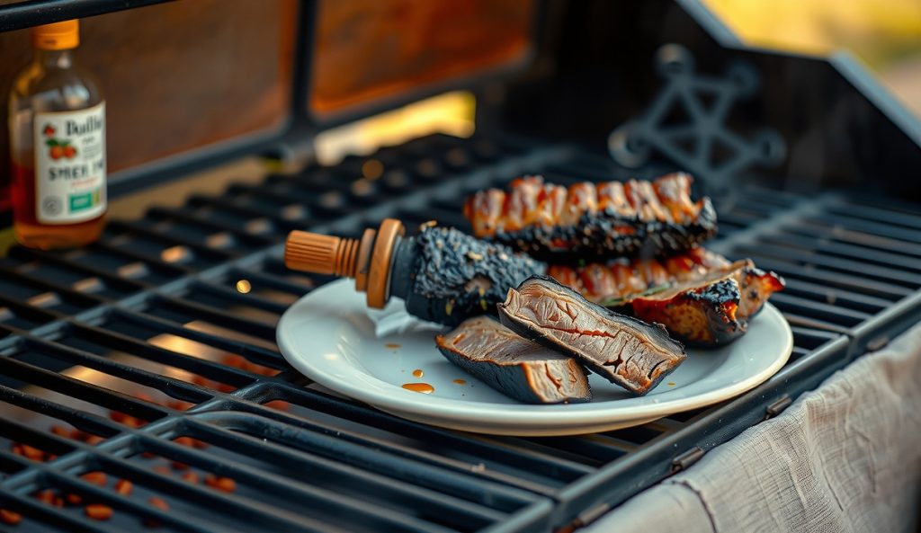 Burnt ends on pellet grill grates with cherry wood pellets visible, showing the convective bark and a vinegar spritz bottle — the pellet grill adaptation with cherry-bourbon foam.