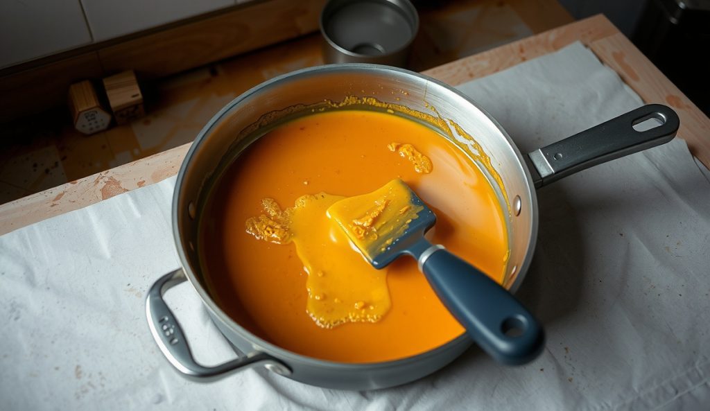 Competition-scale Carolina mustard BBQ sauce reducing in a wide rondeau, showing the correct large-batch geometry for proper evaporation rate, with an unused deep saucepan beside it for contrast.