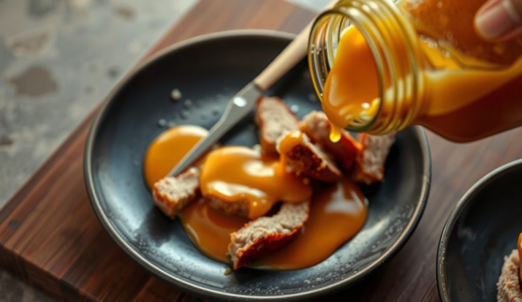 Three-quarter view of glossy golden Carolina mustard BBQ sauce pouring from a mason jar onto dark stoneware, sauce pooling with a lacquered sheen near pulled pork fragments on a butcher block.