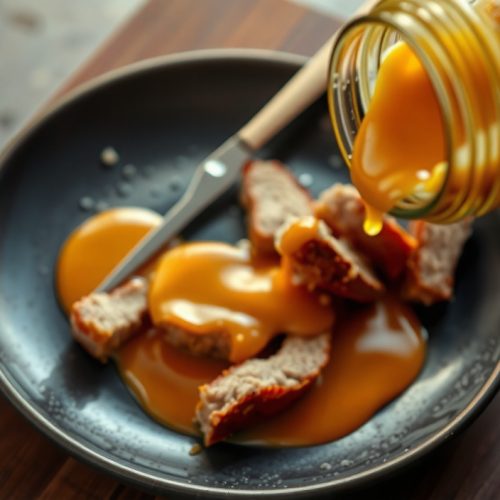 Three-quarter view of glossy golden Carolina mustard BBQ sauce pouring from a mason jar onto dark stoneware, sauce pooling with a lacquered sheen near pulled pork fragments on a butcher block.