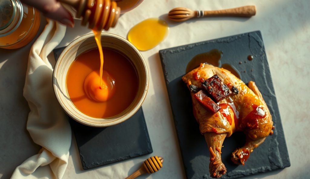 Honey-gold Carolina mustard BBQ sauce being drizzled from a honey dipper into a bowl with raw wildflower honeycomb beside it, showing the floral-sweet ingredient swap over a smoked chicken thigh.