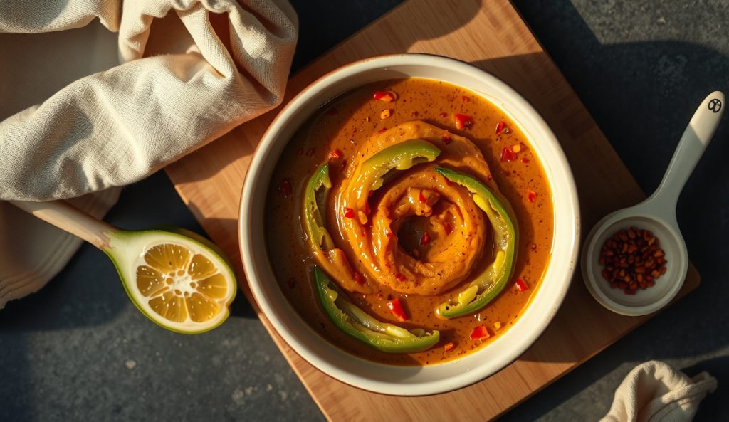Spicy Piedmont mustard BBQ sauce with visible fresh serrano slices and double-cayenne flecks in a ceramic bowl, showing the two-register heat profile of this sharper Western Piedmont variant.