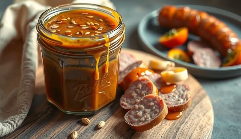 Whole-grain mustard Carolina BBQ sauce in a jar with visible intact mustard seeds throughout the texture, drizzled over sliced grilled kielbasa on a wood board, showing the textural contrast of this ingredient-swap variant.