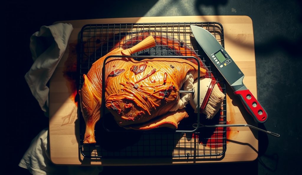 Boneless pork shoulder on a wire rack, tied with butcher's twine, no bone visible, probe thermometer in thickest mass, bark forming evenly, vinegar mop brush alongside, boneless shoulder adaptation for pulled pork.