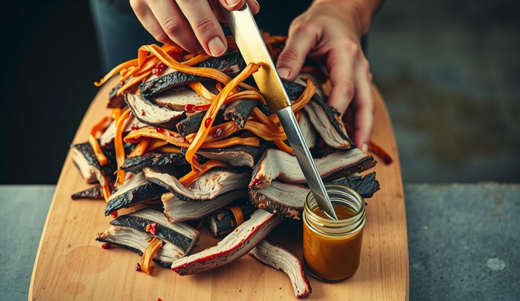 Hand-pulled Carolina pork shoulder piled on a butcher block, dark bark strands mixed with tender pale meat glistening with apple cider vinegar mop, pepper flakes visible, steam rising, mason jar of vinegar sauce alongside