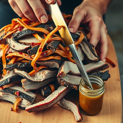Hand-pulled Carolina pork shoulder piled on a butcher block, dark bark strands mixed with tender pale meat glistening with apple cider vinegar mop, pepper flakes visible, steam rising, mason jar of vinegar sauce alongside
