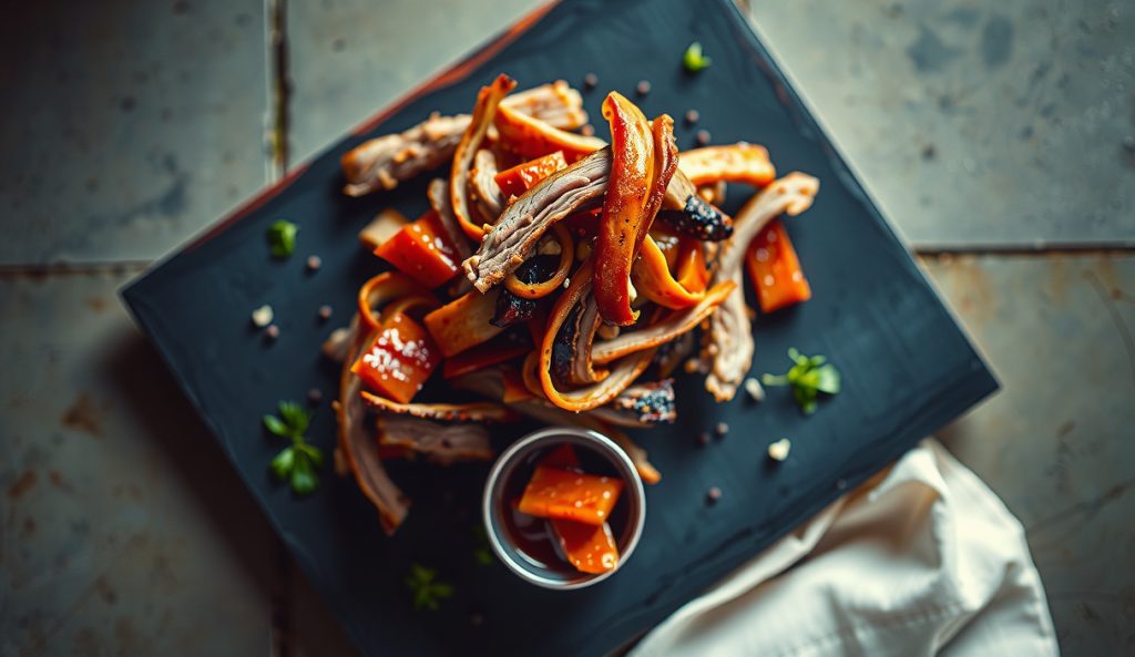 Keto Carolina pulled pork served bunless on a dark slate board, sugar-free vinegar mop glistening on thin-pulled strands, fresh herbs scattered, small ramekin of clear sauce alongside.