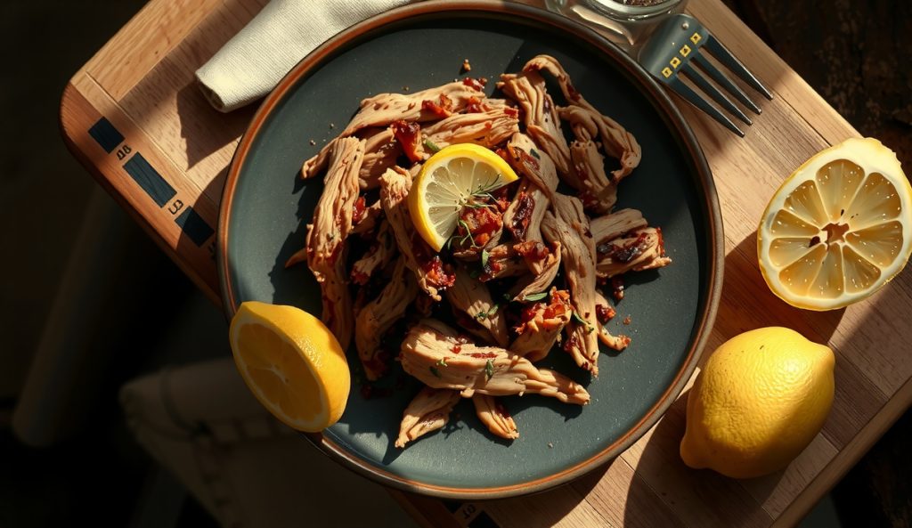 Low-sodium Carolina pulled pork on butcher block with lemon zest and fresh thyme visible, thin vinegar mop gleaming over tender pulled strands, emphasizing herb and citrus seasoning instead of salt.