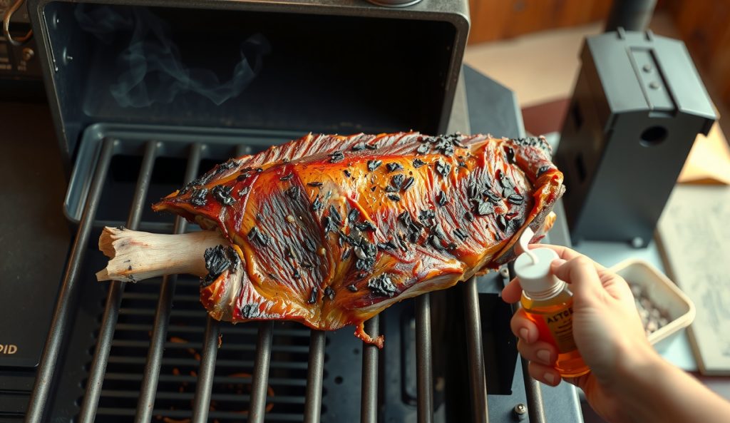 Whole pork shoulder on pellet grill grates with smoke tube alongside, digital display at 225°F, thin blue smoke from both tube and fire pot, Eastern NC vinegar mop bottle beside the grill, pellet grill adaptation method.