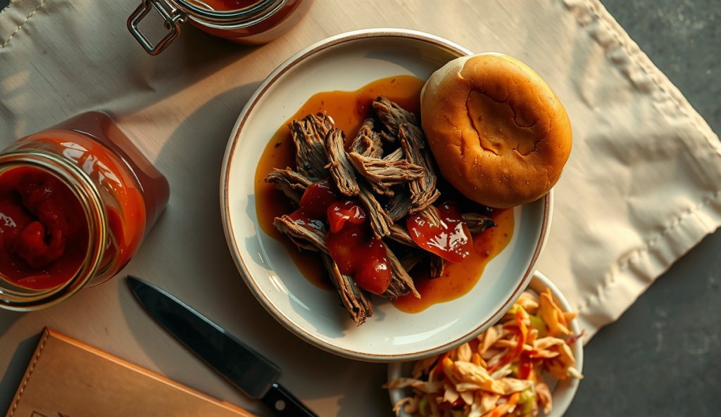 Pulled pork dressed with Piedmont Lexington-style dip sauce, visibly thicker and red-orange from ketchup and brown sugar, pour jar of sauce alongside, coleslaw with red tinge, distinct from clear Eastern NC vinegar mop.