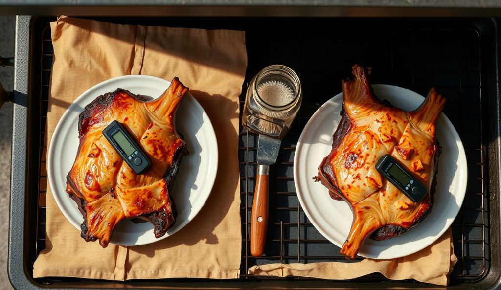 Two bone-in pork shoulders on smoker grates with deliberate spacing, two separate probe thermometers reading different temps, large jar of Eastern NC vinegar mop with brush, scaled-up crowd cook showing stall management.