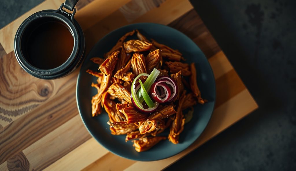 Vegetarian companion dish: pulled jackfruit with Carolina-style vinegar mop glisten on dark stoneware, fibrous smoke-charred strands mimicking pulled pork, scallion and pickled peppers garnishing the plate.