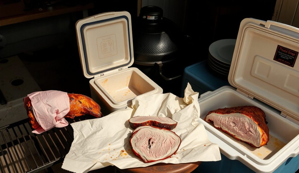 Two full packer briskets spaced on an offset smoker grate with pink butcher paper wrap nearby and an open cambro, showing the large-service and competition scaling approach.