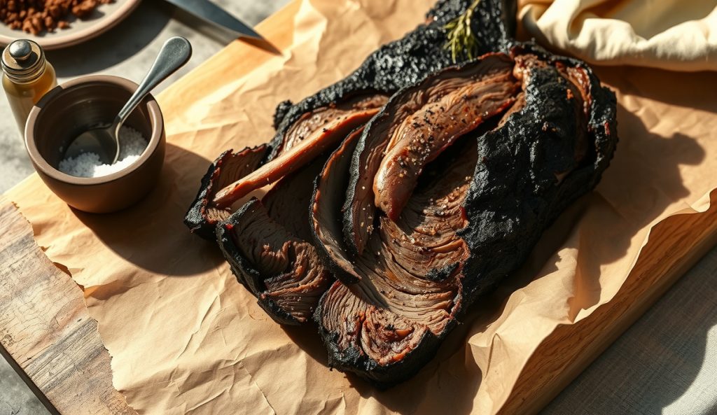 Sliced Central Texas brisket with a Dalmatian-plus-garlic bark showing coarse salt, cracked pepper, and garlic powder in the crust, with seasoning ramekins beside it on butcher paper.