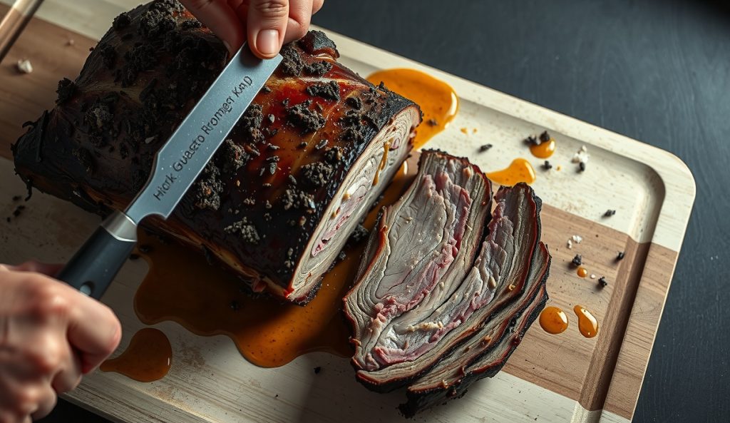 Sliced Central Texas brisket on a weathered butcher block, showing deep mahogany salt-and-pepper bark, a distinct smoke ring, and juice pooling from the cut flat, with steam rising off the meat