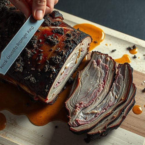 Sliced Central Texas brisket on a weathered butcher block, showing deep mahogany salt-and-pepper bark, a distinct smoke ring, and juice pooling from the cut flat, with steam rising off the meat