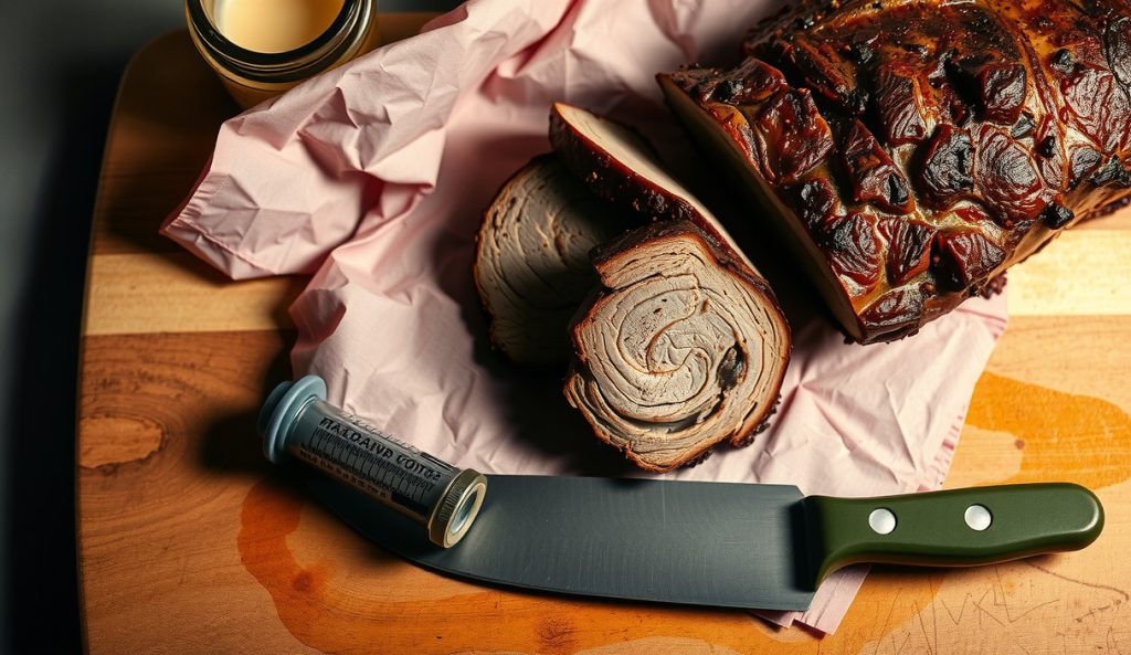 A brisket flat-only cook on butcher paper with a tallow injection syringe and rendered tallow jar beside it, showing the deliberate adjustments needed when cooking without the point.