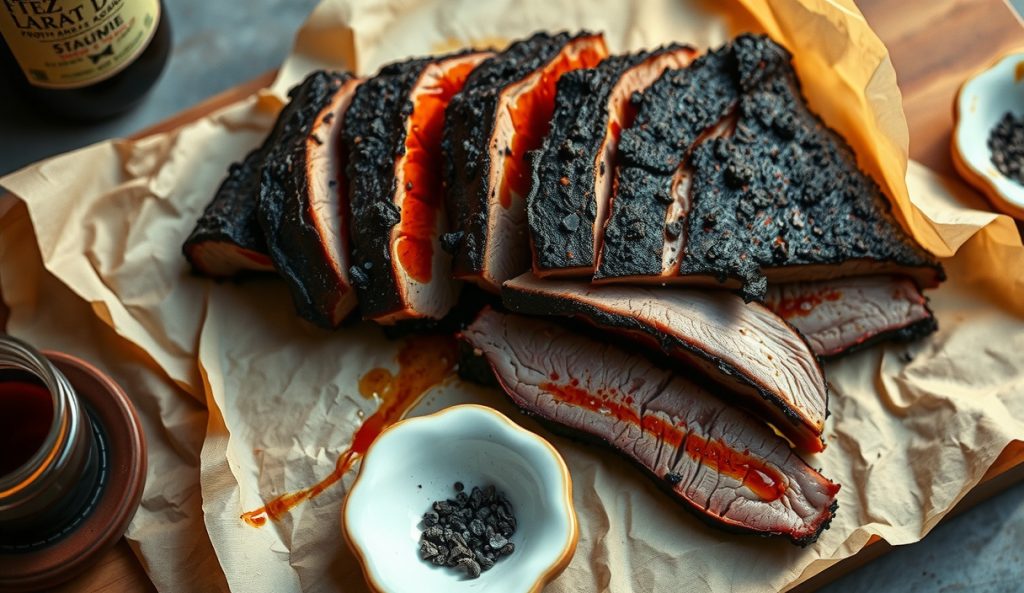 Gluten-free Central Texas brisket with thick salt-and-pepper bark sliced on butcher paper, vivid pink smoke ring, coarse GF rub ingredients in pinch bowls, juice beading on cut surface.