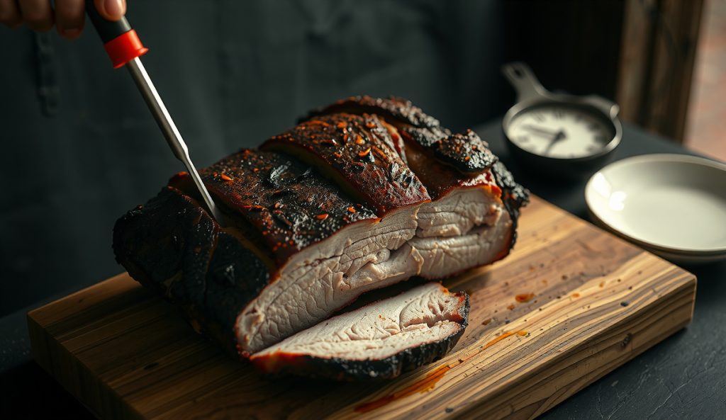 Central Texas brisket cooked hot-and-fast at 275–300°F on smoker grates, showing aggressively charred bark edges, probe thermometer, and rising smoke from a compressed eight-hour cook.