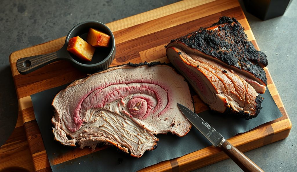 Keto Central Texas brisket with sugar-free salt-and-pepper bark, thick slices showing glistening fat cap and pink smoke ring, beef tallow in small dish, no sauce on weathered butcher block.