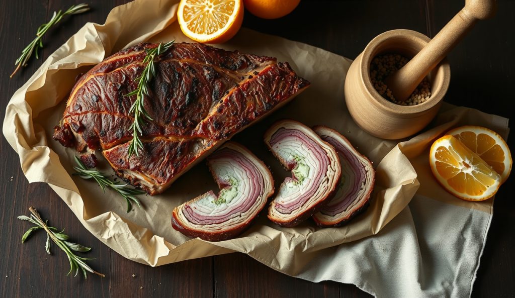 Low-sodium Central Texas brisket with herb-and-citrus reduced-salt bark, sliced to show smoke ring, fresh rosemary and lemon half scattered alongside on dark wood surface.