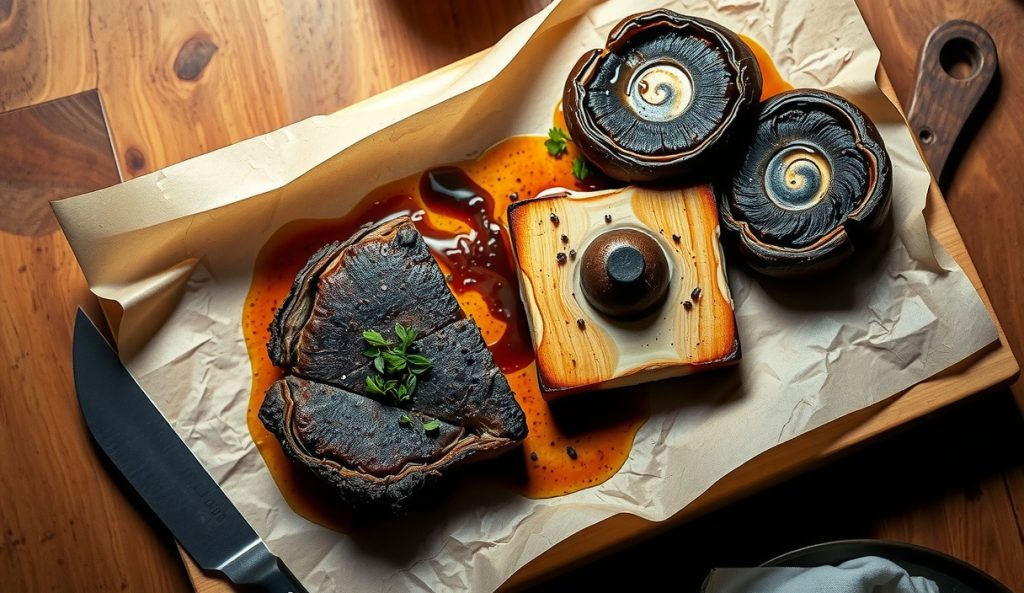 Vegetarian brisket analog: thick-sliced smoked cauliflower steak and portobello with salt-and-pepper bark on butcher paper, caramelized char exterior, smoke drifting on weathered butcher block.