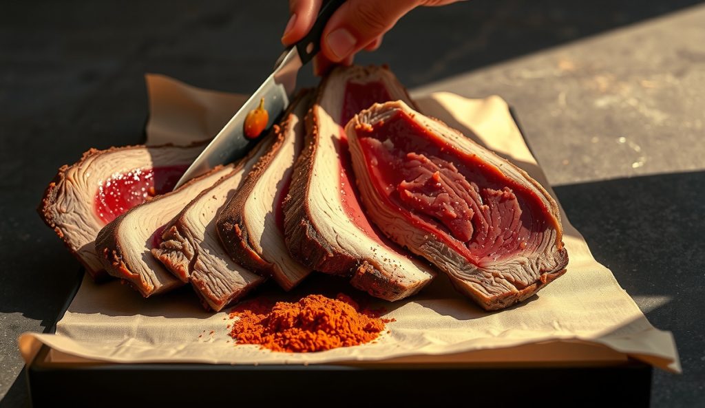 Competition Heat Coffee-Cocoa Brisket Rub — six uniform slices in a turn-in box with glossy chipotle-red lacquer bark, brown sugar sheen, chipotle and ancho powder piles beside the box.
