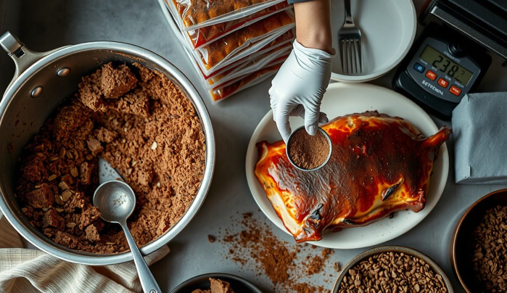 Competition-quantity Coffee-Cocoa Brisket Rub in a large commercial mixing bowl beside a whole packer brisket, digital scale, pre-portioned bags stacked in background on stainless table.