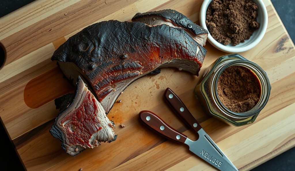 Keto Allulose Coffee-Cocoa Brisket Rub variant — brisket slice with deep mahogany allulose bark, jar of fine-ground allulose beside it, crackled crust texture on weathered butcher block.