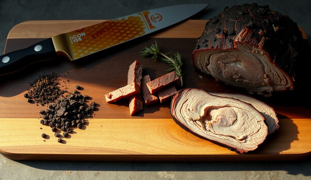 Texas Minimalist Coffee rub — three separate mounds of espresso, coarse black pepper, and salt on dark butcher block, brisket with cracked pepper-espresso bark, post-oak smoke ring in slice.
