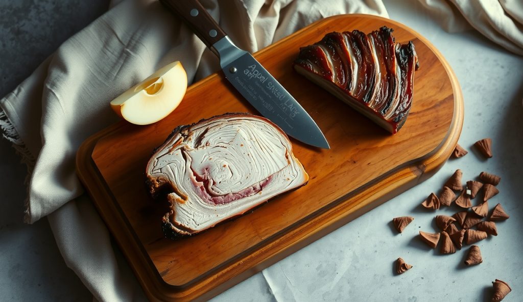Buckboard bacon made from cured pork shoulder, showing a leaner denser slab with applewood-smoked amber bark sliced on a butcher block, apple wood chips scattered alongside to signal the cut-swap variation.