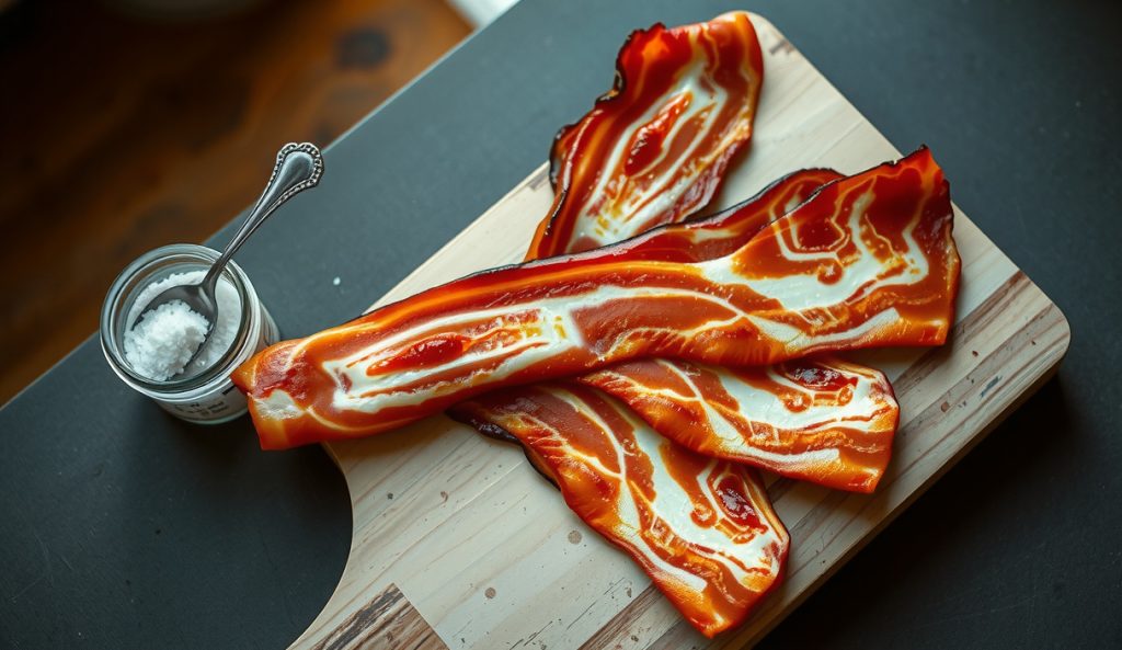 Home-cured cold-smoked bacon slab with thick-cut slices fanned on a butcher block, showing mahogany smoked exterior, deep pink cured interior, and fat-to-lean layers with cure salt residue on the board.