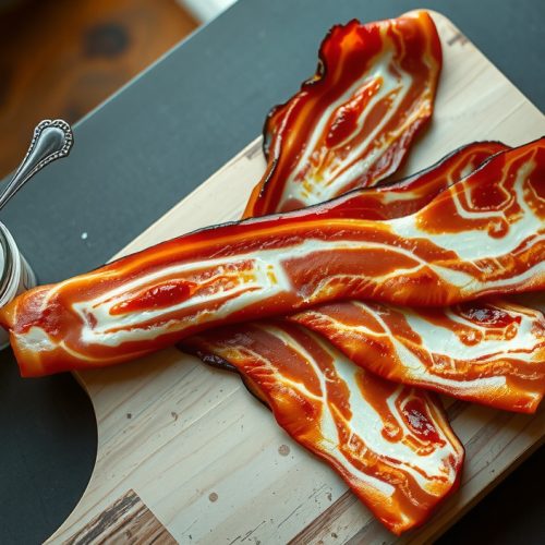 Home-cured cold-smoked bacon slab with thick-cut slices fanned on a butcher block, showing mahogany smoked exterior, deep pink cured interior, and fat-to-lean layers with cure salt residue on the board.