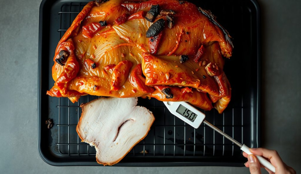 Hot-smoked fully cooked bacon slab straight from the smoker on a blackened wire rack, showing partially rendered fat cap, deep amber bark, and a sliced cross-section of the ready-to-eat cured pork belly.