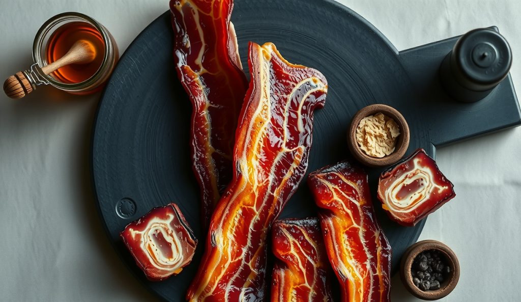Maple and black pepper cold-smoked cured bacon slab with a cracked pepper crust and caramel maple glaze sheen, sliced to reveal pink cured interior, a maple syrup jar and pepper mill alongside on a dark stoneware board.