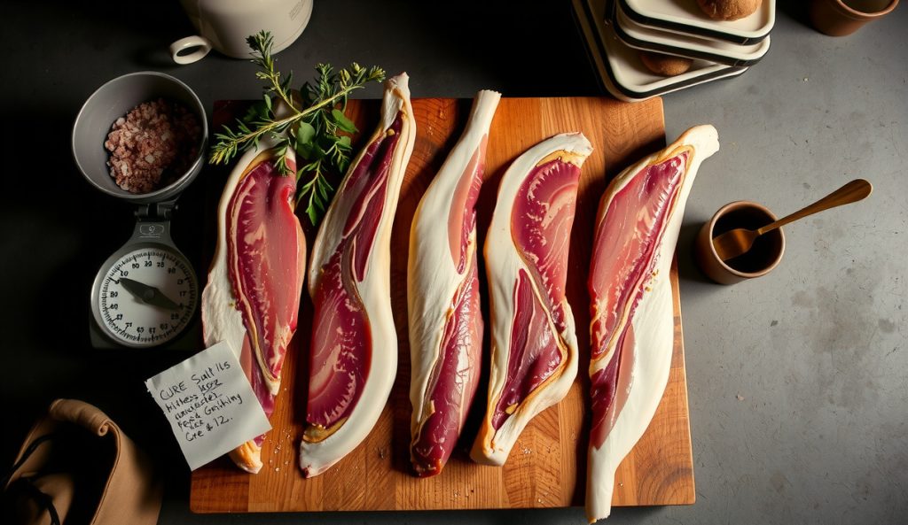 Five large pork belly slabs scaled for a batch cure laid on a butcher block beside a kitchen scale and measured cure salt, showing the arithmetic scaling setup for cold-smoked bacon production.