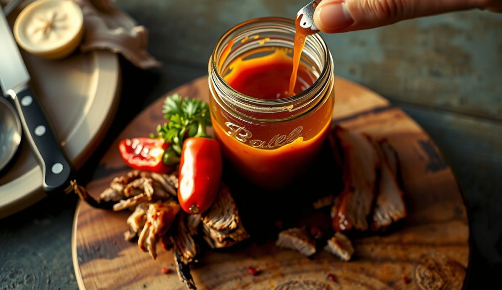 Top-down view of a clear mason jar of Eastern North Carolina vinegar sauce with red pepper flakes suspended, sauce being poured over pulled pork on a weathered butcher block.