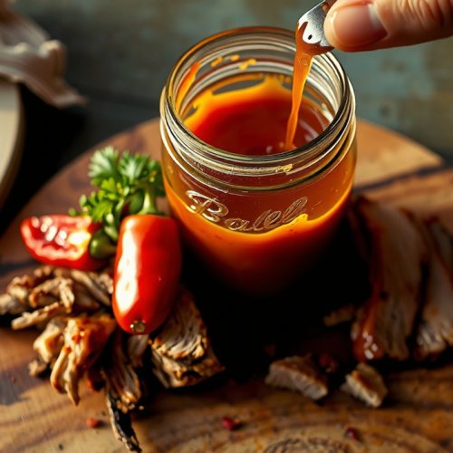 Top-down view of a clear mason jar of Eastern North Carolina vinegar sauce with red pepper flakes suspended, sauce being poured over pulled pork on a weathered butcher block.