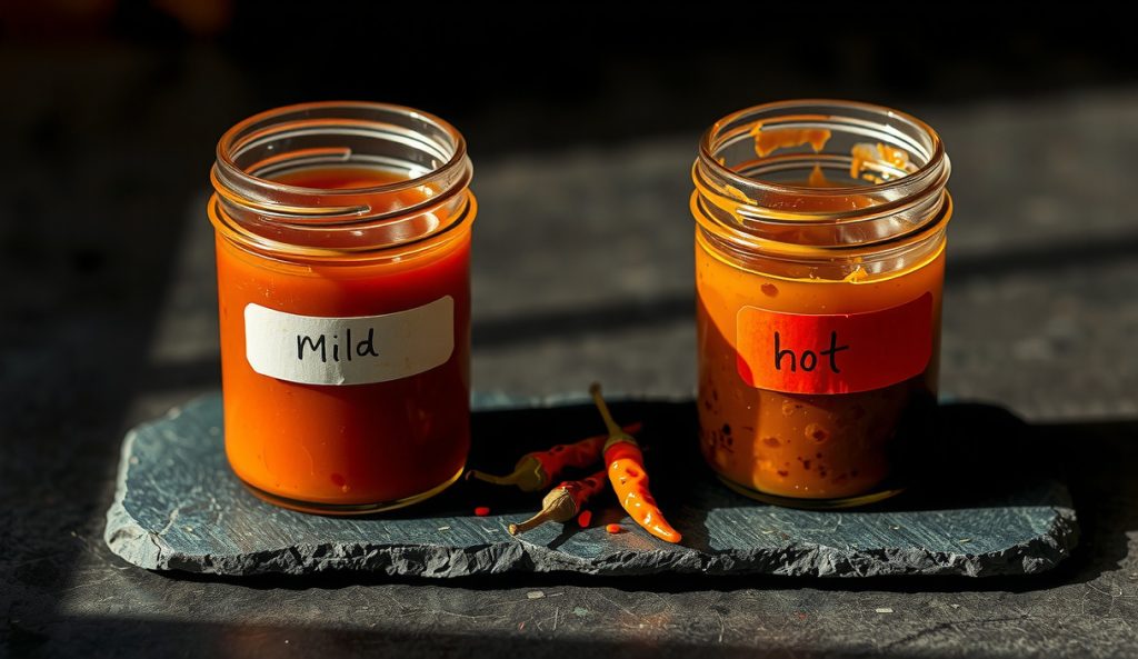 Two mason jars of Eastern North Carolina Vinegar Sauce side by side — mild version with sparse flakes and spicy version with dense red pepper visible, dried chiles scattered between them.