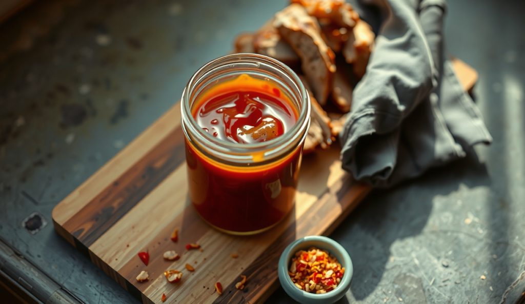Lexington-style Piedmont dip sauce in a mason jar with a distinctly reddish-brown tomato-ketchup hue, thicker than plain eastern NC vinegar sauce, beside pulled pork on a butcher block.