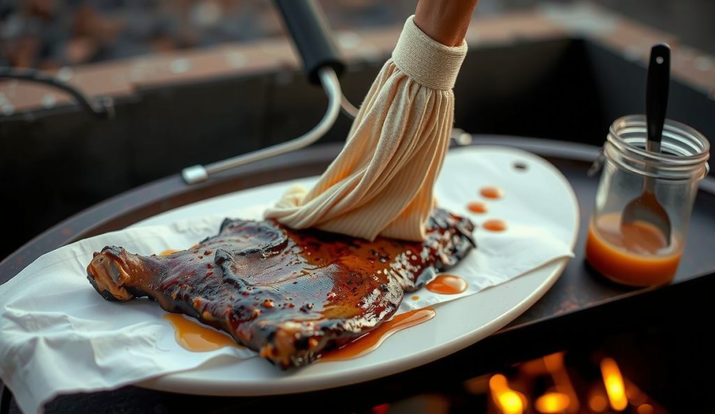 Eastern NC Vinegar Sauce applied as a mop over a whole-hog carcass on a wood-fired pit, cotton mop mid-stroke, sauce glistening on the bark, evaporative steam rising, sauce bucket on pit edge.