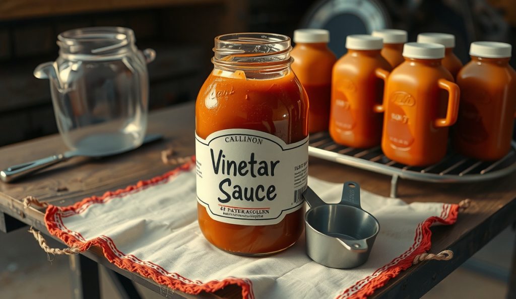 Large-batch Eastern North Carolina Vinegar Sauce in a one-gallon jar on an outdoor prep table, whole-hog pit with smoke in background, measuring cups and funnel beside the jar.