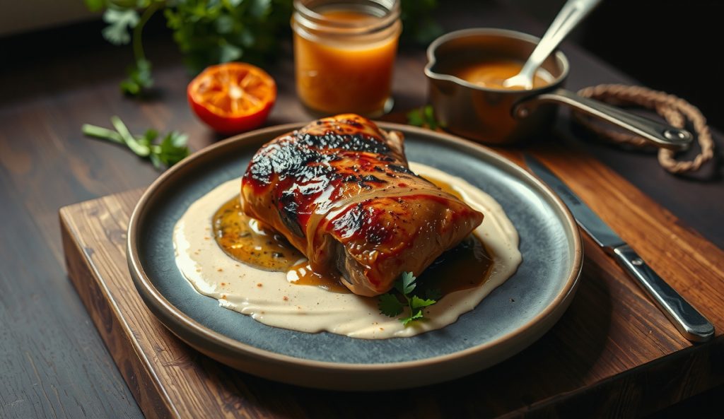 Smoked chicken with butter-mounted fermented brine finishing sauce drizzled over the plate, with a saucepan showing the reduction process for the brine-as-pan-jus substitution variant.