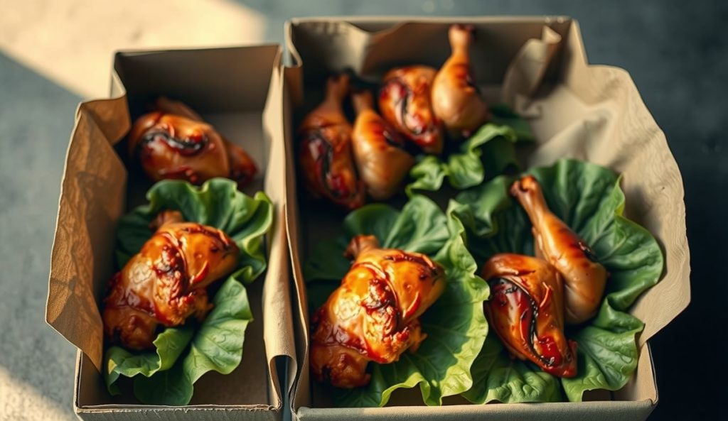 Competition-scale fermented pickle brine smoked chicken in a turn-in box with uniform lacquered skin, a 5-gallon lexan brine bucket visible, showing the scaled competition variant.