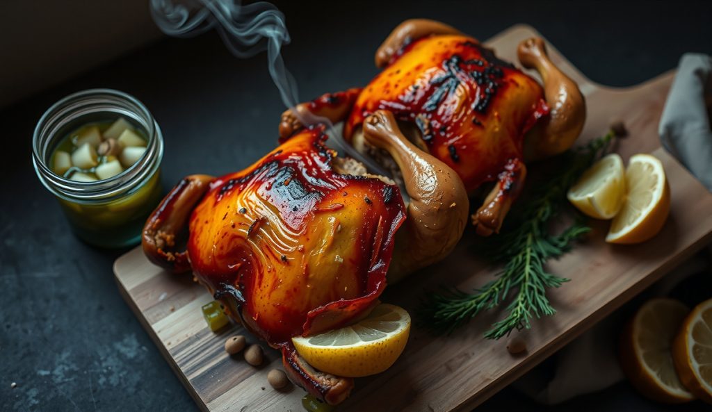 Gluten-free fermented pickle brine smoked chicken halves on butcher block with mason jar of cloudy brine, fresh dill and peppercorns scattered, deep amber bark, GF rub visible on skin surface.