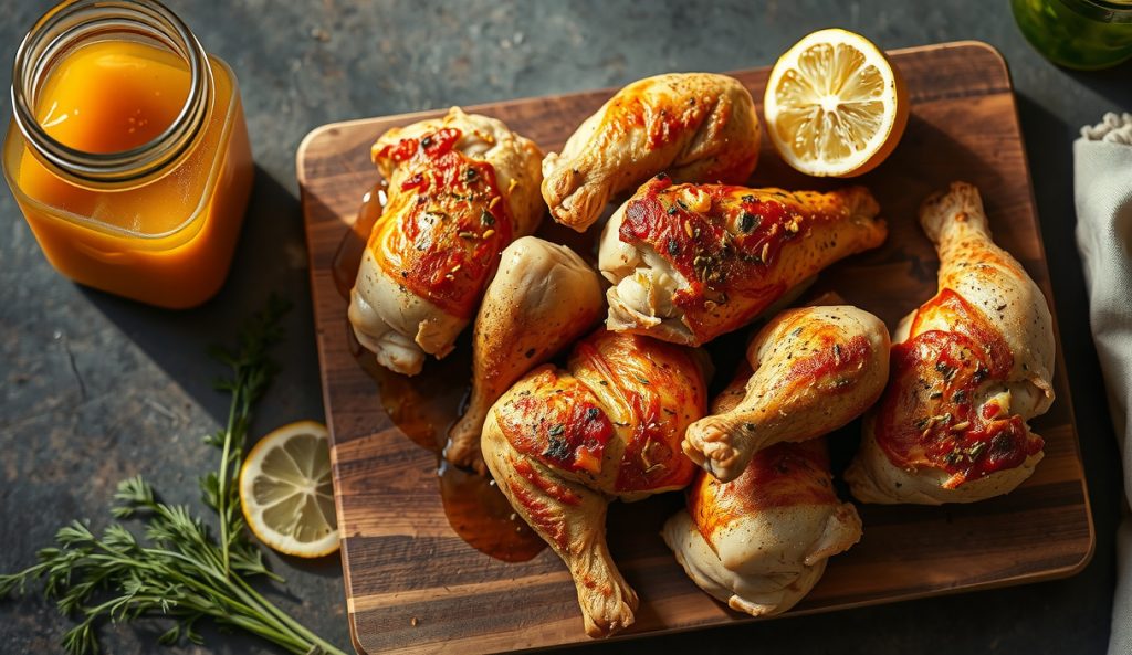 Low-sodium fermented pickle brine smoked chicken quarters with dill and lemon zest crust on butcher block, mason jar of low-sodium fermented brine displayed, fresh dill and lemon slices, no salt shaker.
