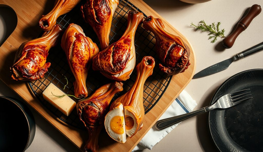 Smoked bone-in chicken thighs and leg quarters with fermented pickle brine, showing mahogany bark and a visible smoke ring on a sliced thigh, arranged on a blackened wire rack over a weathered butcher block.
