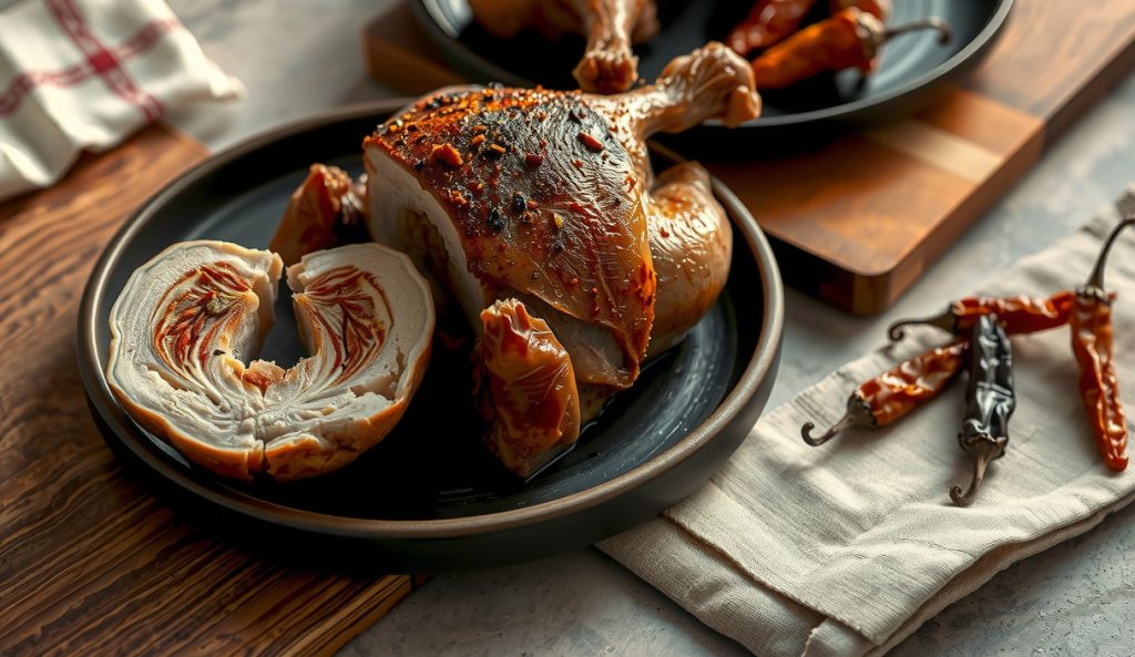 Spicy fermented brine smoked chicken with chile de arbol and red pepper flake bark, deep brick-red skin crust visible on a dark stoneware plate, dried chiles scattered alongside on a weathered butcher block.
