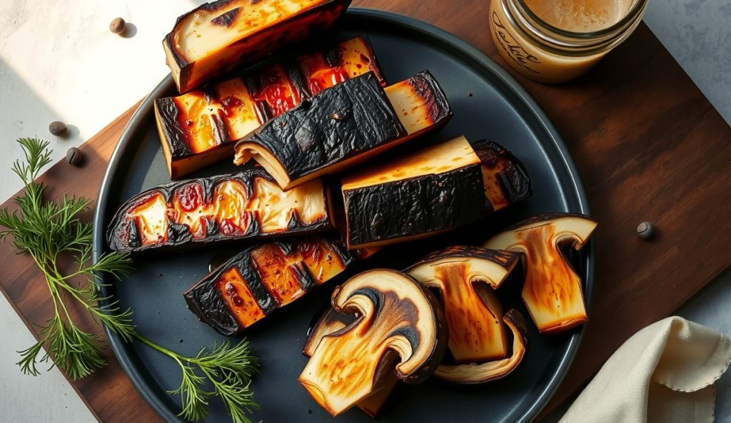 Vegetarian companion: smoked tofu and portobello slabs with deep char marks on stoneware, mason jar of fermented pickle brine and fresh dill alongside, cross-section showing brined interior texture.
