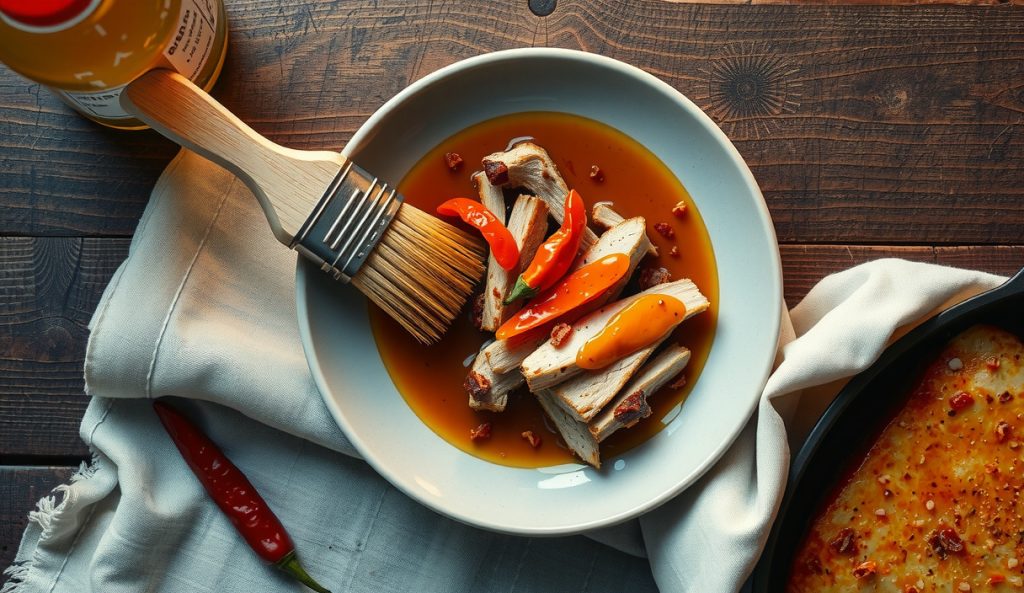 Carolina-style thin gluten-free tamari mop sauce in a shallow bowl, pale amber and visibly watery with a mop brush soaking in it, apple cider vinegar bottle alongside, capturing the eastern North Carolina thin-sauce tradition.